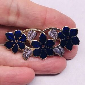 Vtg Fish Crown Brooch Blue Flowers Leaves Gold Tone Pin Cloisonne